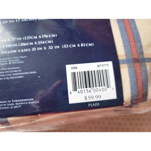 NEW Colormate FULL Flannel Sheet Set Pillowcases Flat 100% Cotton PLAID CHECK - Picture 3 of 6